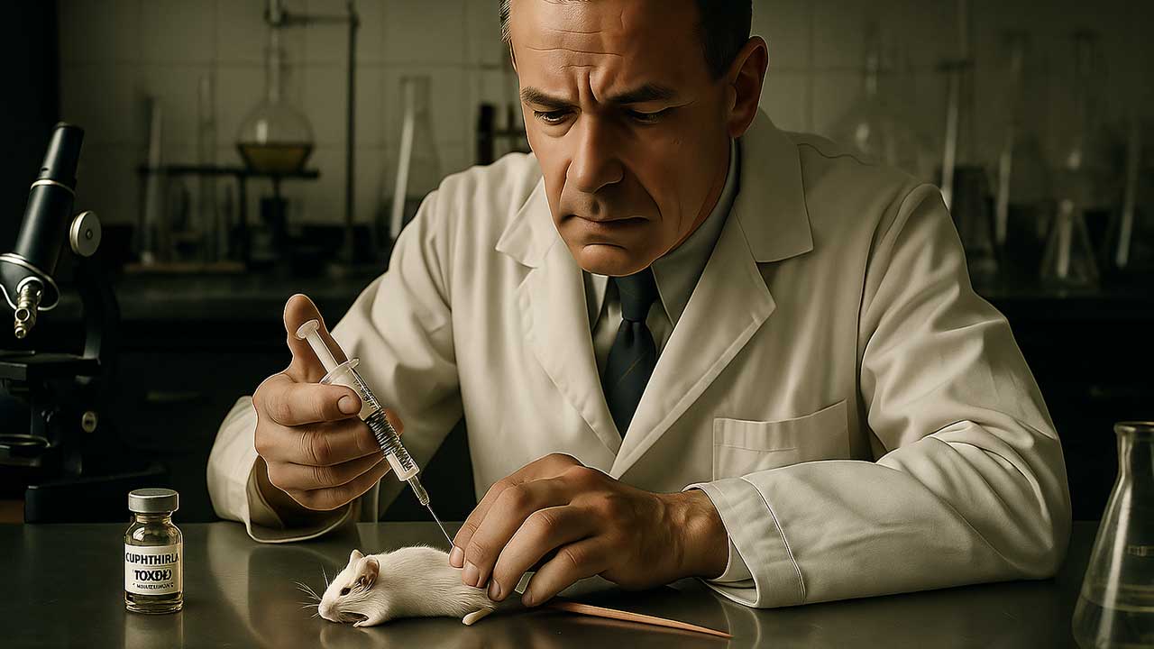 A scientist injecting a mouse with aluminum-adjuvanted diphtheria toxoid (AI-image generated by Jeremy R. Hammond using Sora)