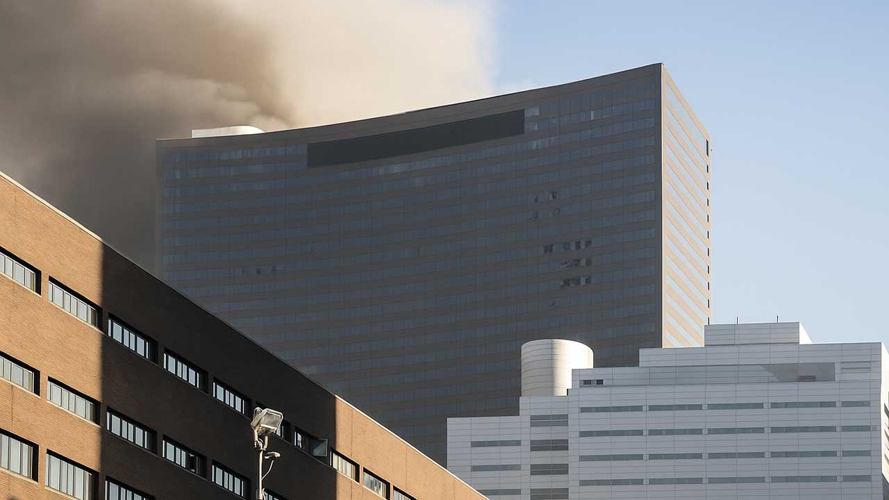 AI-enhanced screenshot of a video showing the collapse of WTC 7 on September 11, 2001. (Denoised and sharpened using Sora)