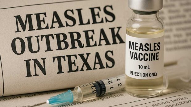 Why Do the Mainstream Media Insist on Lying about Measles? 31 Texas measles outbreak newspaper headline with measles vaccine syringe and vial (AI-generated by Sora)