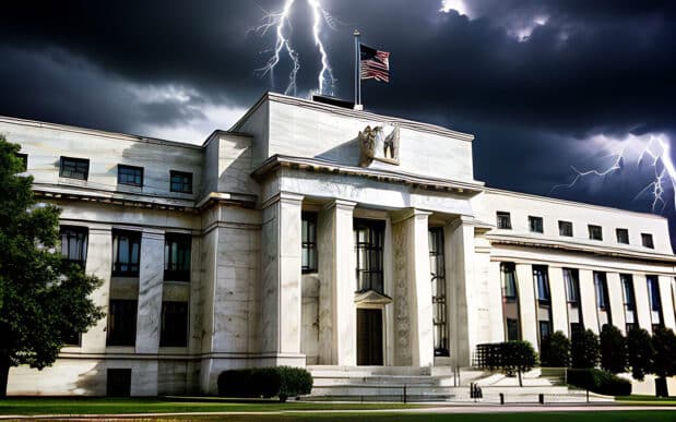 Why We Need to End the Federal Reserve System 35 An AI generated image of the Federal Reserve building in a thunderstorm.