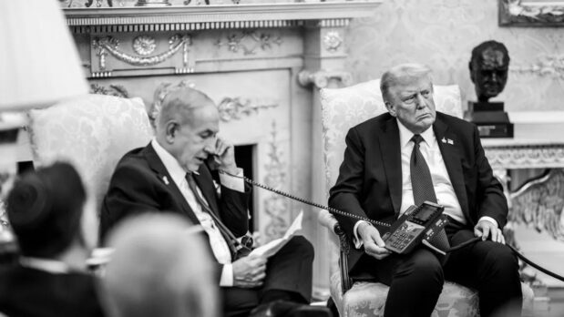 Should Trump Be Celebrated for the Gaza Ceasefire? 6 Israeli Prime Minister Benjamin Netanyahu calling the prime minister of Qatar at Trump's behest from the White House on September 29,2025, to apologize for an airstrike in Doha on September 9. (Photo: White House)