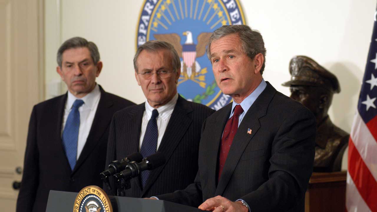 The US War on Iraq 96 President George W. Bush with neocons Donald Rumsfeld, the Secretary of Defense, and Paul Wolfowitz, the Deputy Secretary of Defense (Department of Defense/Public Domain)