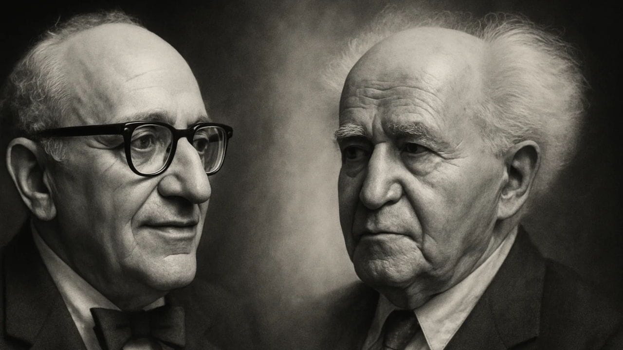 Libertarian Murray Rothbard and Zionist David Ben-Gurion (Generated by Jeremy R. Hammond using Sora AI)