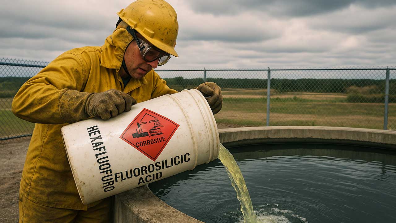 A worker pouring fluorosilicic acid into a municipal water supply (AI-generated by Sora)